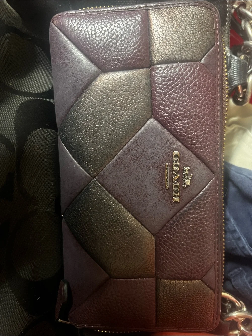 COACH womens Patchwork Leather Zip Wallet in Deep Burgundy and Metallic Brown